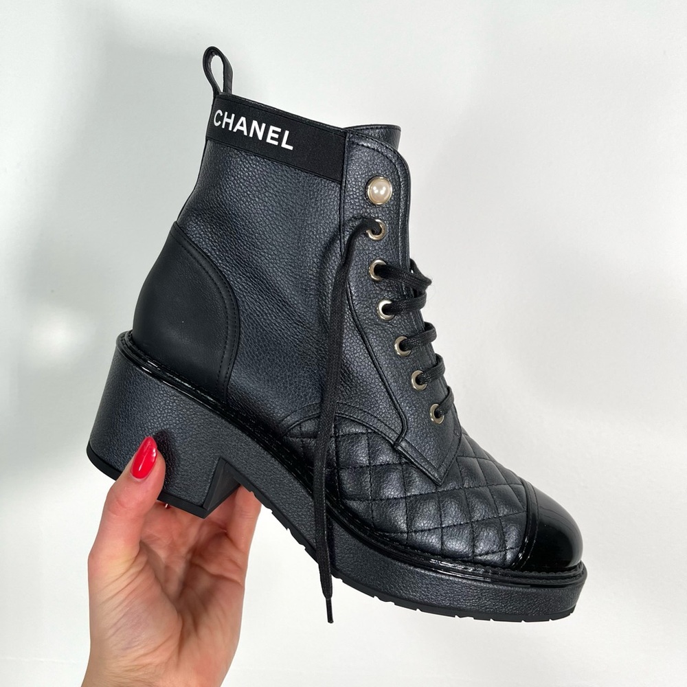 Chanel Logo Pearl Cap Toe Lace Up Combat Boots